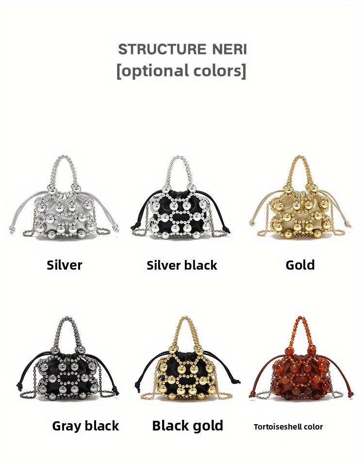 2025 New High-End Casual Chic Crossbody Bag with Adjustable Strap, Hollow Metal Beaded Woven Design & Bead Accents, 7.09x3.15x5.51inch, Golden-Tone Clasp Closure for Everyday Use