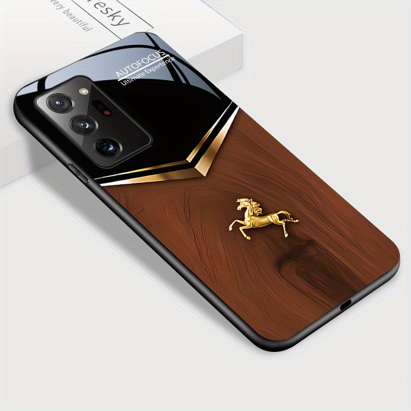 TEMU For Galaxy Note 20 Ultra Phone Case, Golden Horse And Stylish Grain Print Glossy Tempered Glass Casing Shockproof Back Cover