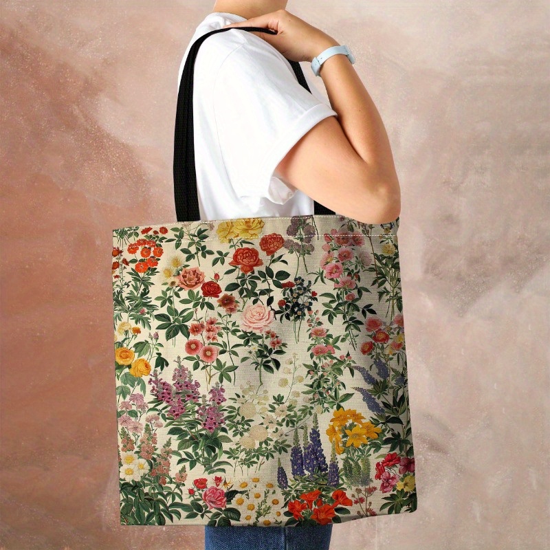 1pc vintage floral canvas tote bag large capacity foldable shoulder shopping bag with fixed strap machine washable ideal for travel and daily   travel shoulder bag vintage   canvas construction beach bag