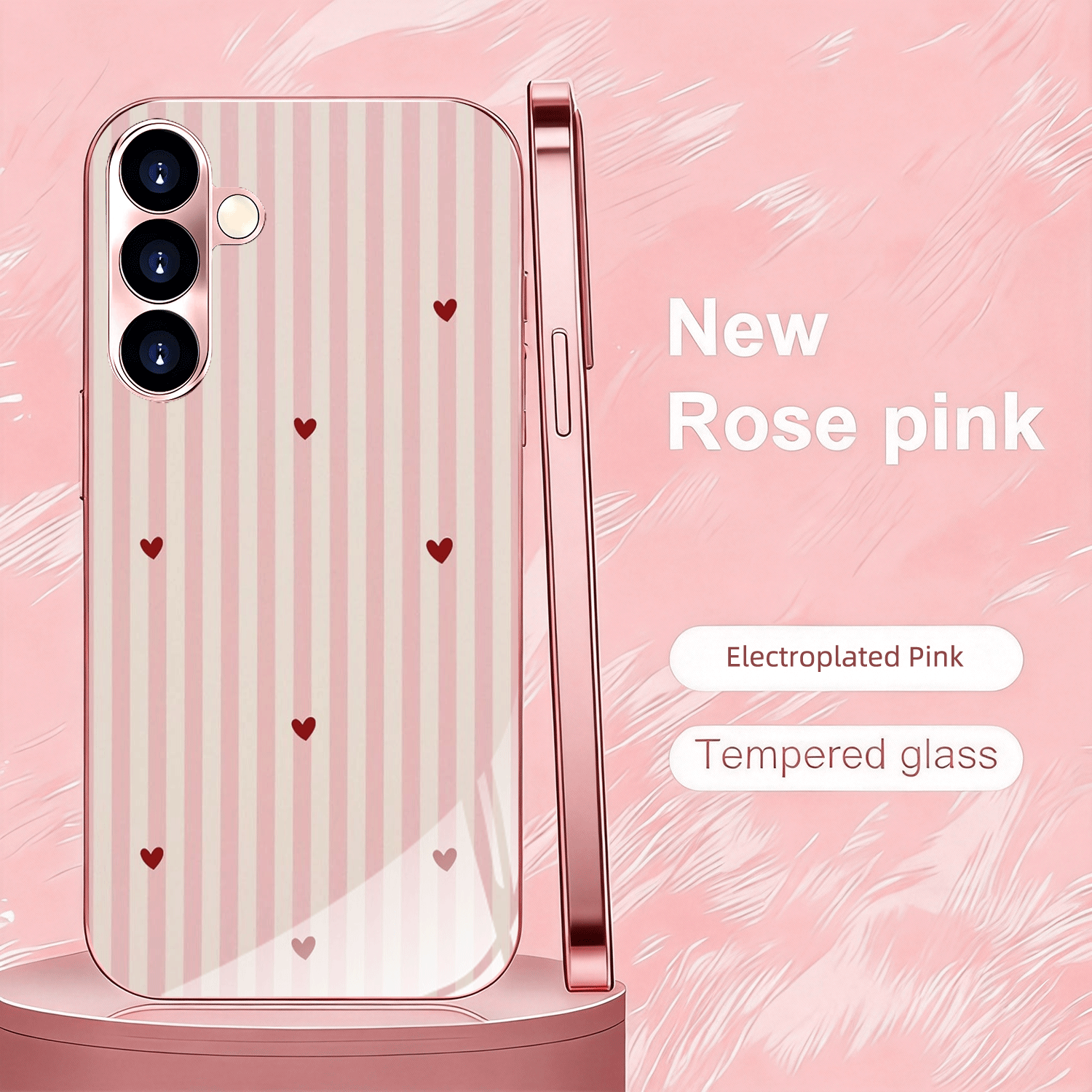 TEMU Phone Case: New Powder-pink And White Heart-patterned Vertical Stripe Phone Case With Electroplated Pink Border, Tempered Glass Uv Print,