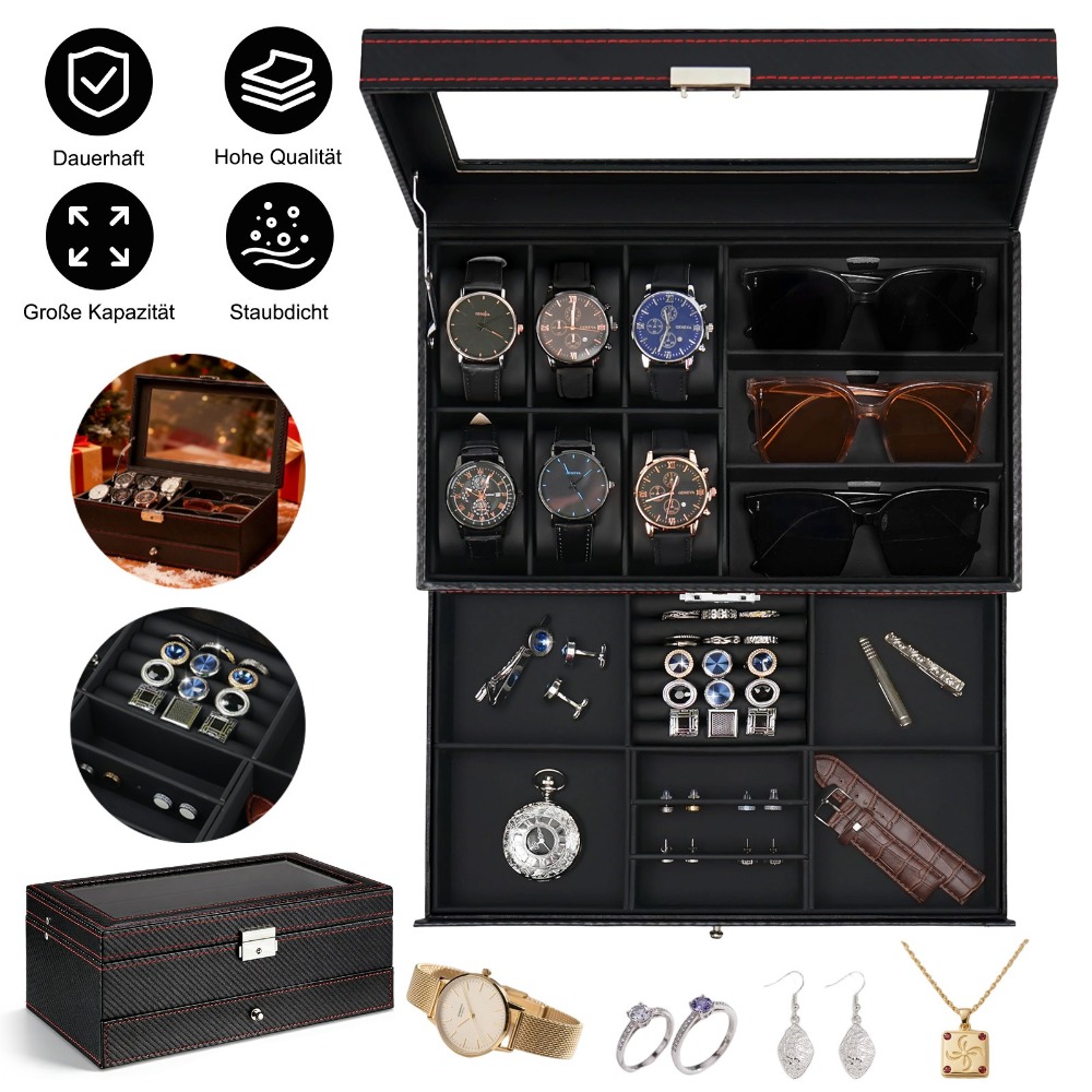Premium 10-slot Display Case - 6 Watch Holders, 3 Sunglass Compartments, Plus Drawer For Rings & Cufflinks, Lockable Glass Lid, Anti-scratch Velvet Interior, Ideal Christmas/valentine's Gift