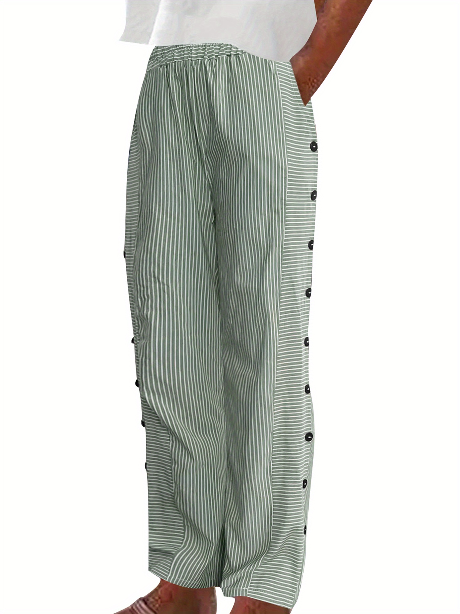 womens black white striped wide leg pants elastic waist side Temu