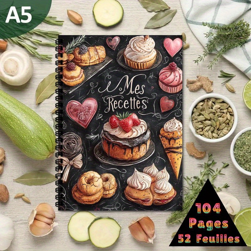 TEMU 1pc French Recipe Book | Spiral Binding Notebook A5 - Recipe Collection Book For Men And Women, Can Hold Up To 100 Recipes, Sweet Dessert Theme