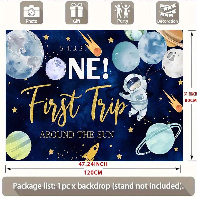 TEMU 1pc First Trip Outer Space Party Backdrop - Astronaut & Theme, "around The Sun" Birthday Banner With Planets, Stars & Rocket, Polyester Cake