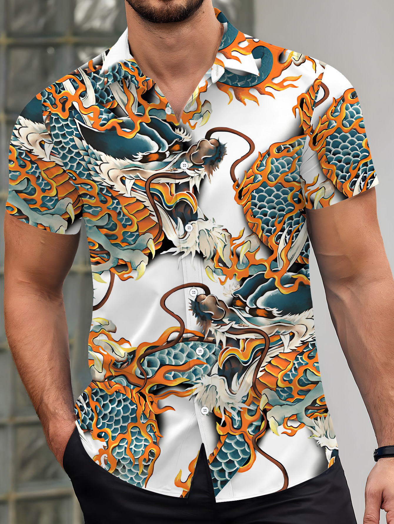 mens chinese dragon print short sleeve shirt blue orange Temu
