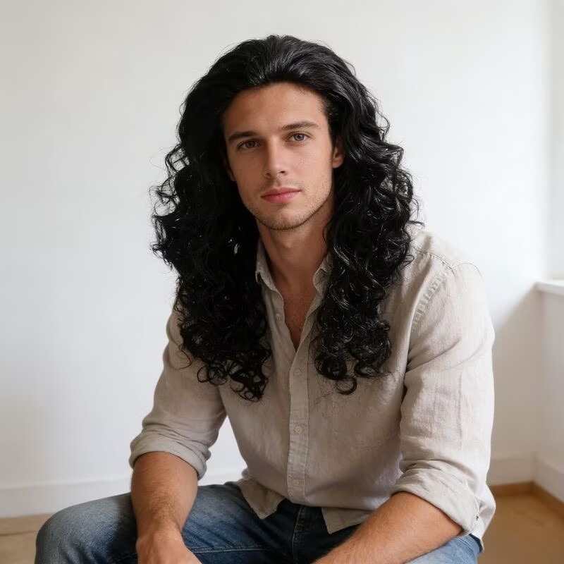TEMU Men's Black Curly Wig, 70s 80s Long Wavy Synthetic Hair Wigs For Rocker Costume Party Cosplay Halloween Or Fun (18-inch, Black)