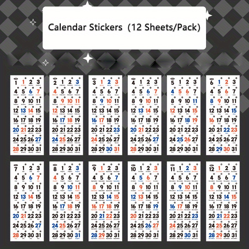 TEMU 12 Sheets Universal No Year Calendar Stickers Notebook Additions Stickers, Suitable For Journal Diary Notebook Decoration Time Date Stickers 365