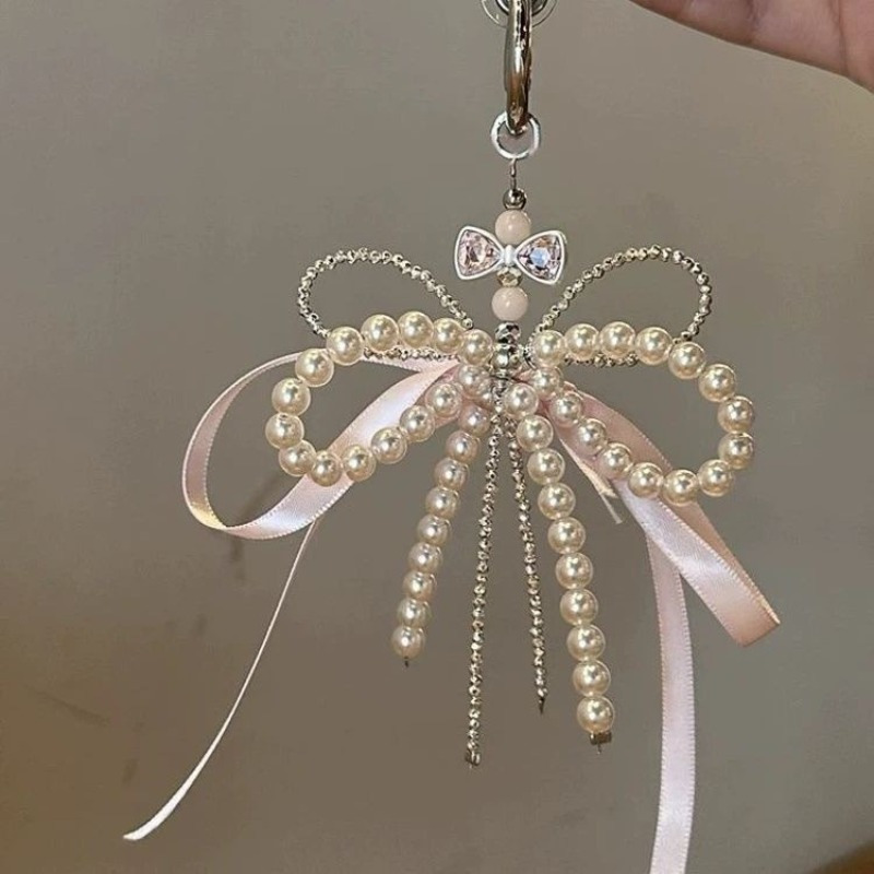 Image of 1pc Sweet Ballet Girl Pink Bow Pearl Mobile Phone Chain Keychain Korean Style Ins Bag Pendant Ornament