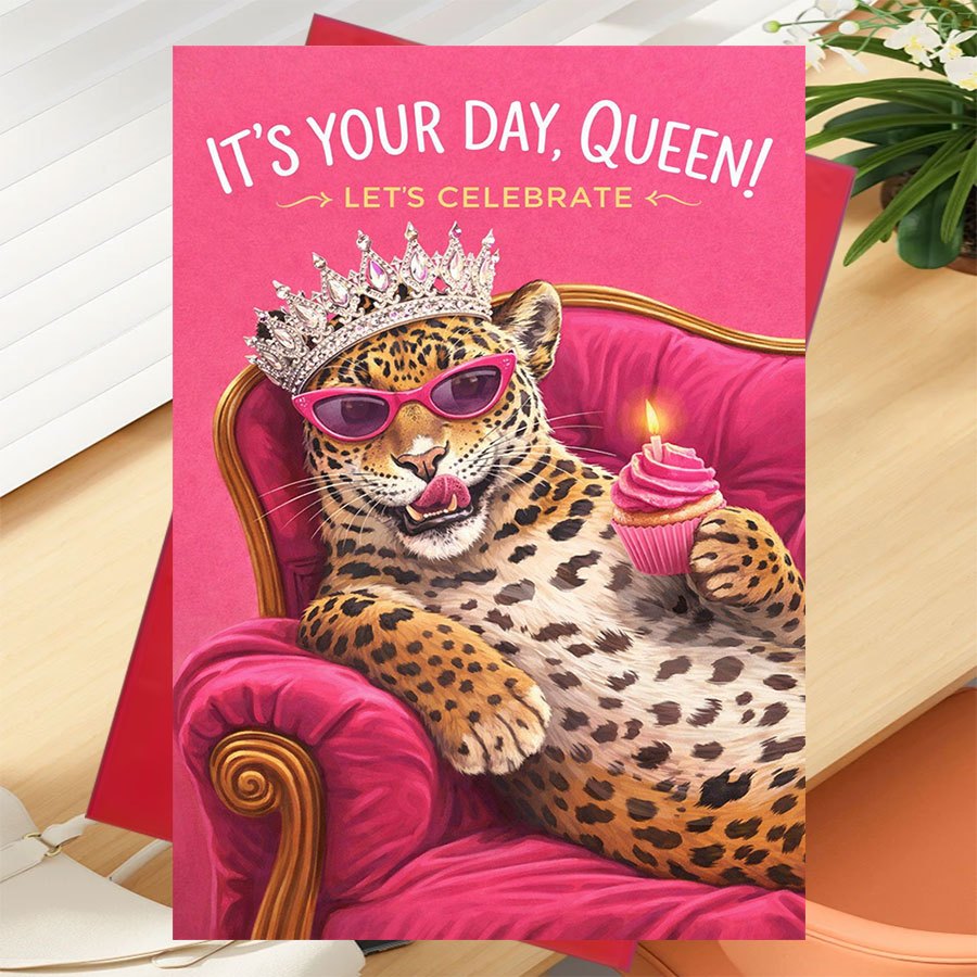 TEMU Greeting Card With 1 Envelope, Special Occasion Greeting Card Designed For Women, Featuring A Fun Leopard Print With A Crown, Stylish Glasses,