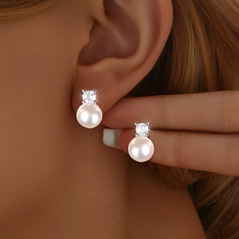 TEMU Une paire de boucles d'oreilles étincelantes en perle, , élégantes et luxueuses, boucles d'oreilles de temperament rétro français, adaptées à un