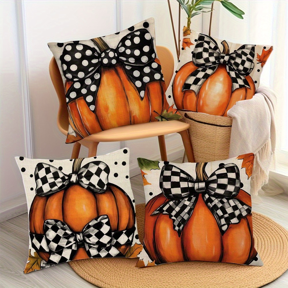 4pcs of cartoon niche bow pumpkin printed zipper pillowcase double sided polyester printed pattern zipper closed home decoration living room bedroom and sofa home decoration not included in the pillow Product details 0