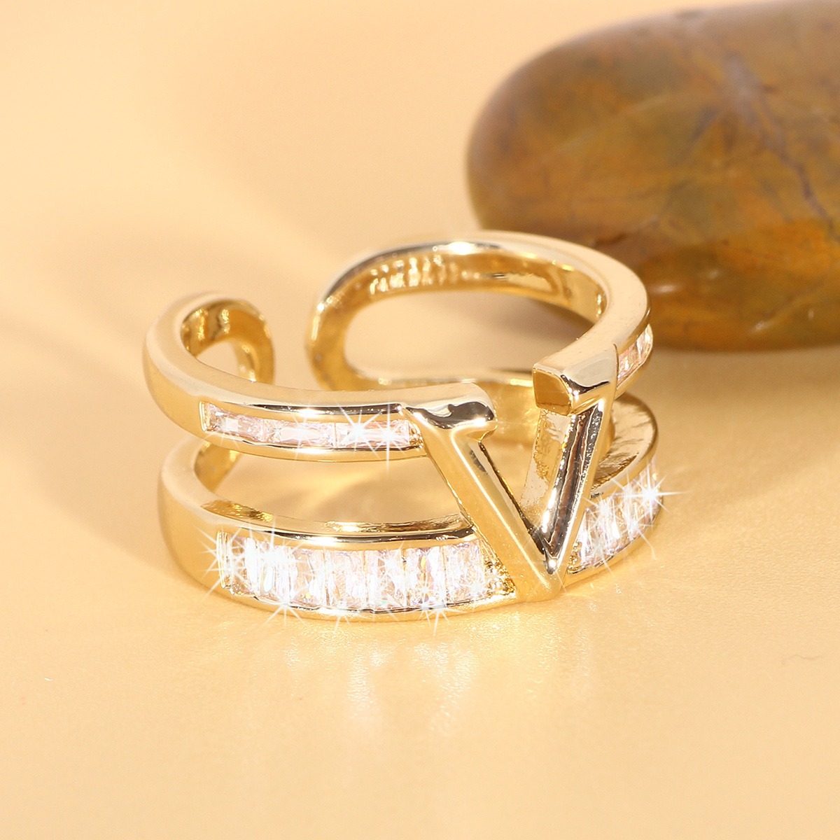 Golden Tone V Letter Ring CZ Accents Adjustable