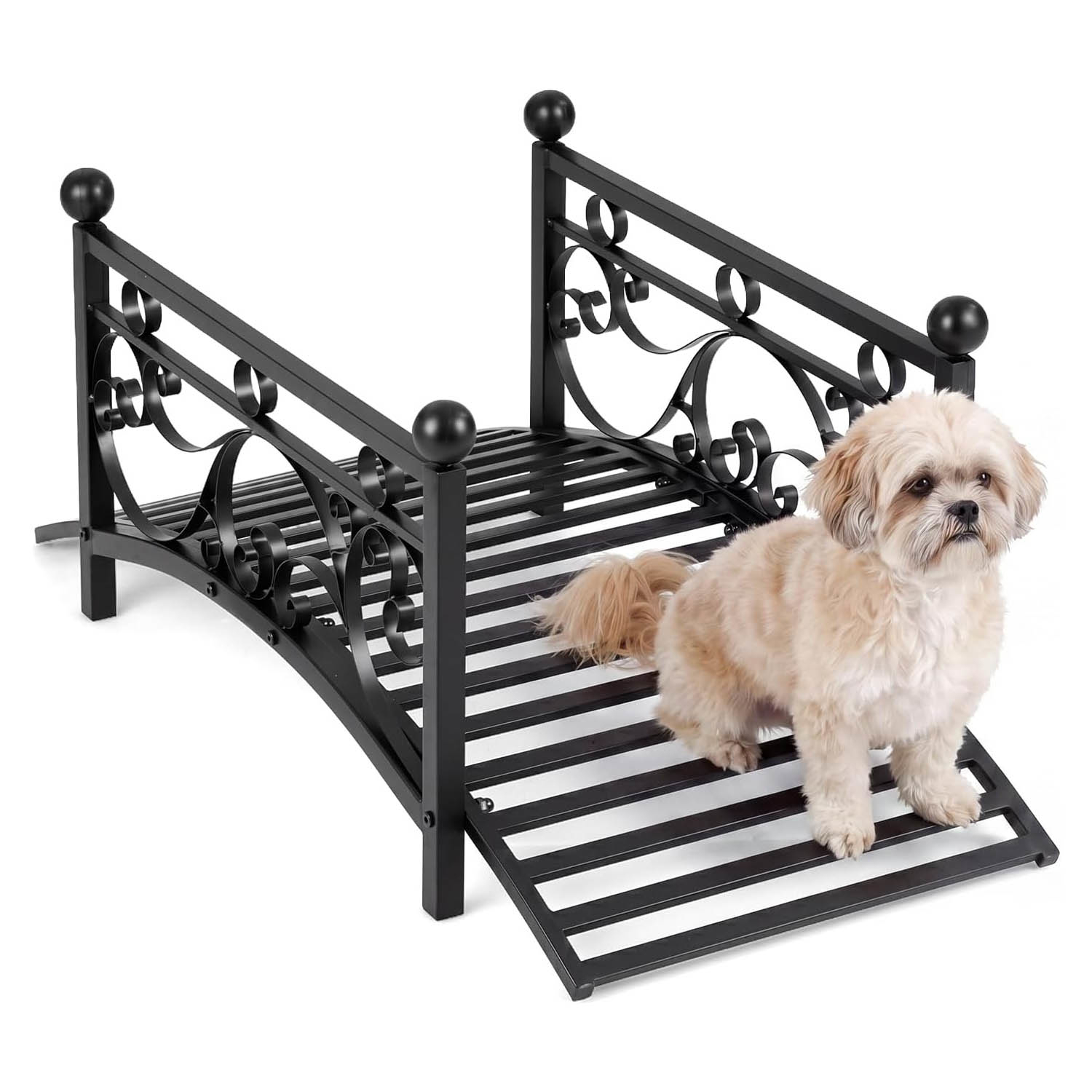 Image of 101.5cm Garden Metal Bridge, Outdoor With Dual Patterned Side Rails, 330 Lbs Capacity, Decorative Landscape Bridge For Backyard, Lawn, Pond And Gravel Path, Black