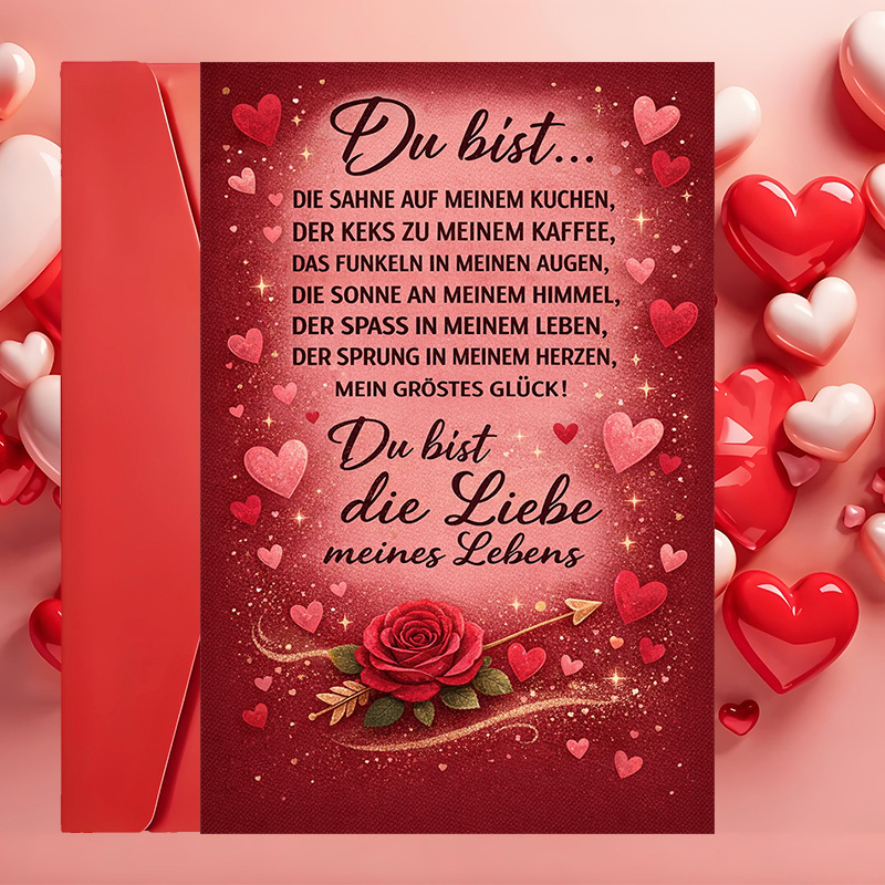 E-shop 1 Karte & Umschlag Romantische Rosen-Liebesbriefkarte für Paare – Zweisprachig Englisch/Herzliche Botschaften, Rosen-Design für Valentinstag,
