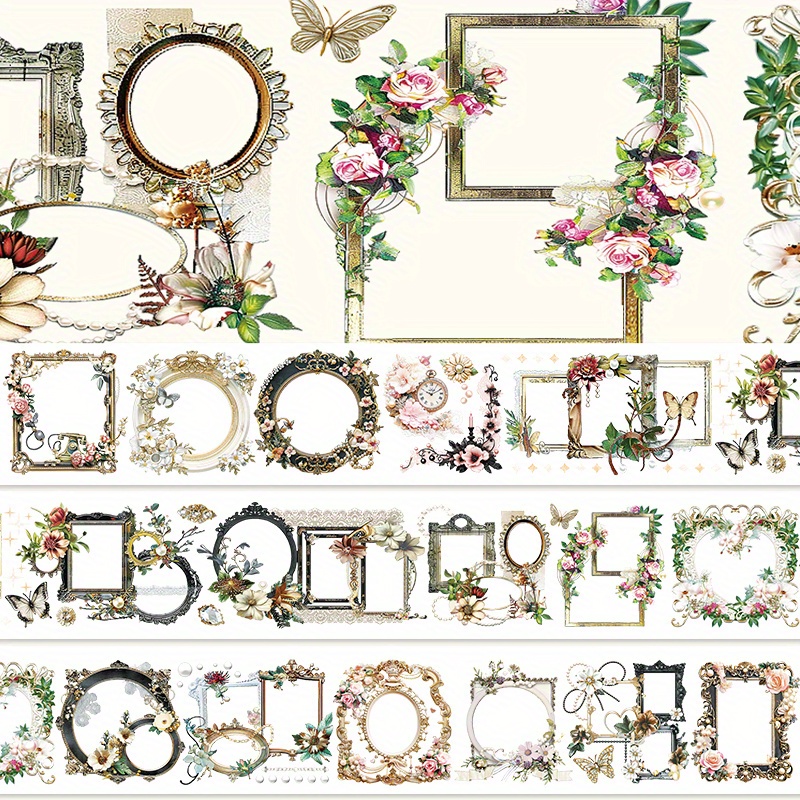 Image of 2m/ Roll Holographic Vintage Photo Frame Pet Washi Tape Flowers Transparent Stickers Decorative Adhesive Tape For Diary Scrapbooking Collage Material 100cm Loop
