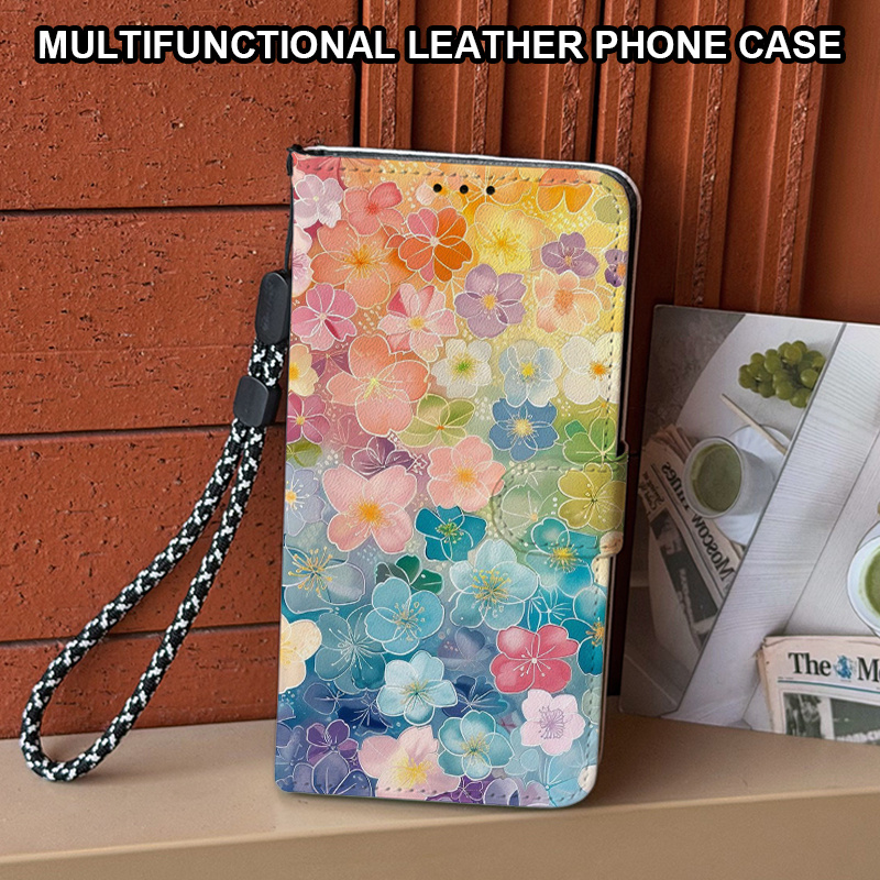 TEMU Phone Case - Floral Pattern Wallet Phone Case Magnetic Flip Cover With Card Slots, Lanyard, And Foldable Stand, Suitable For Oppo A98/a96/a95