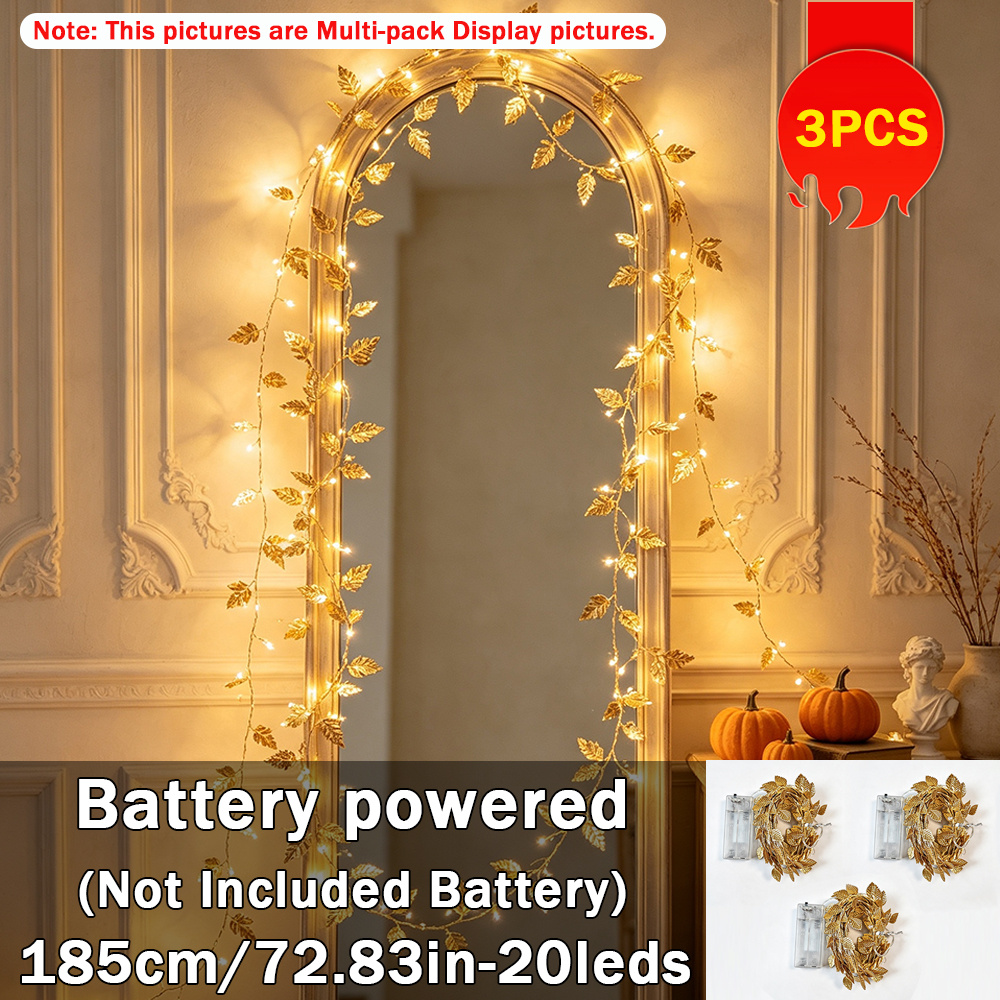 TEMU 3pcs, Guirlande Lumineuse Feuille Dorée, Fil de Cuivre Feuille Dorée LED Lumières Décoratives, Alimenté par Piles (Piles Non Incluses), pour