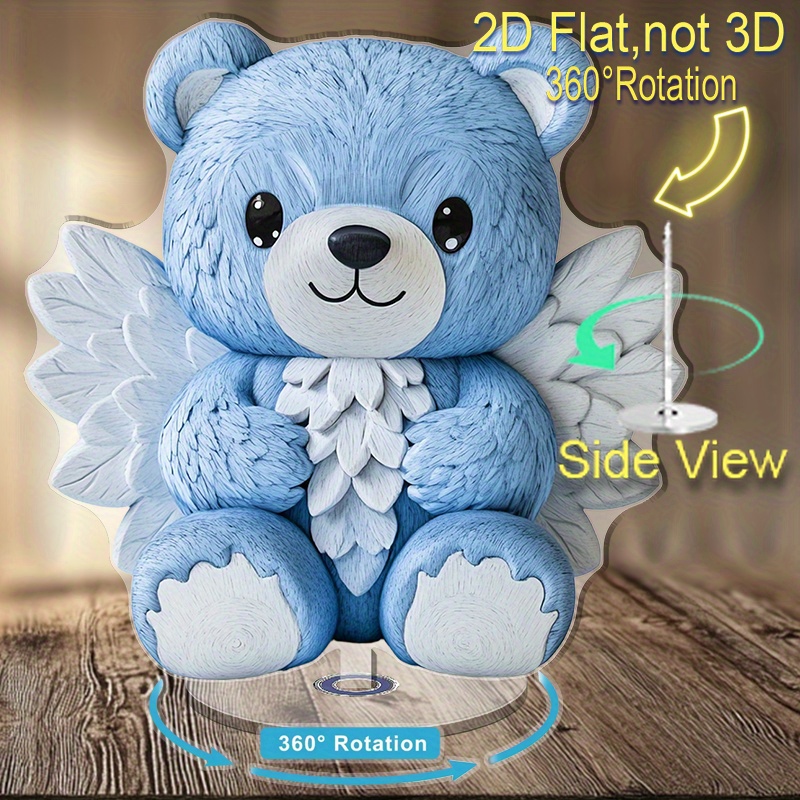 TEMU 2d Flat Rotating Fluffy Blue Teddy Bear With Wings Acrylic Display Piece, Suitable Home Decoration - Rotating Pvc Ornament, Bedside Display And