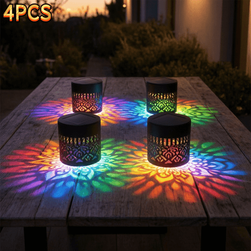 4 pack solar wall lights for outdoor use color changing mysterious mandala metal hollow wall lamps suitable for walls farmhouses fences lawns table atmosphere decoration beautiful ornaments for christmas valentines day