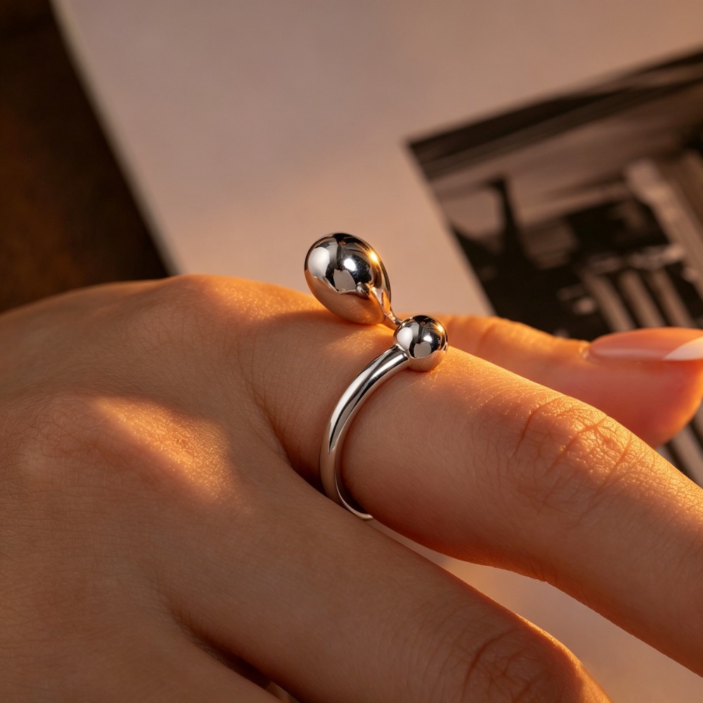 Women's Asymmetrical Copper Bead Open Ring, Smooth Finish