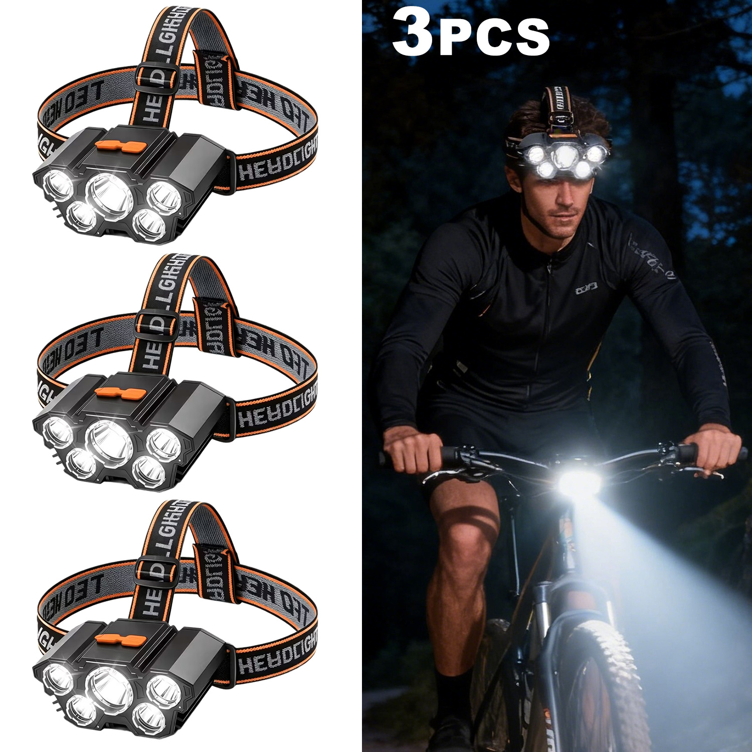 TEMU 3-pack 5led Rechargeable Headlamps, Usb Fast Charging, Lightweight Work Lights, 3 , Suitable For Walking, Fishing, Outdoor Activities,