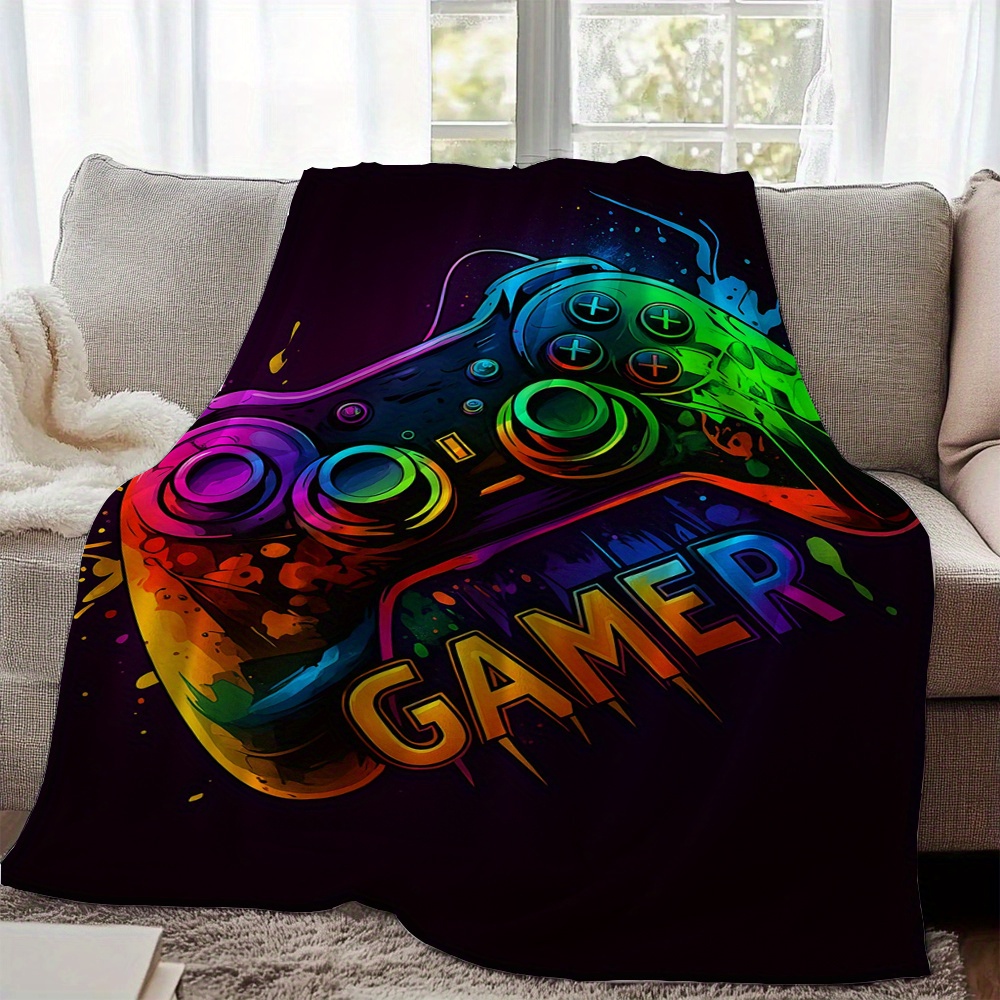 Image of Colorful Gamer Controller Print Flannel Blanket, Blanket For Sofa, Livingroom, Office, Chair, Couch, Travel, Camping, Gifts For Family Or