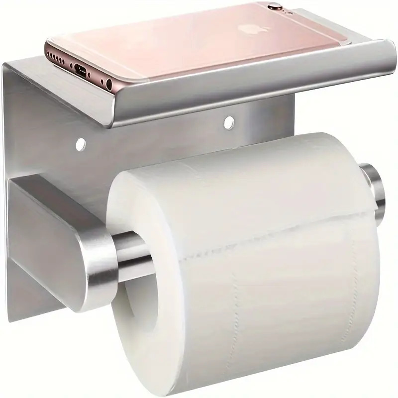Image of 1pc Toilet Paper Holder With Shelf, Bathroom Tissue Storage Rack, Wall-mounted Tissue Container, Stainless Steel Bathroom Tissue Rack, Bathroom Accessories