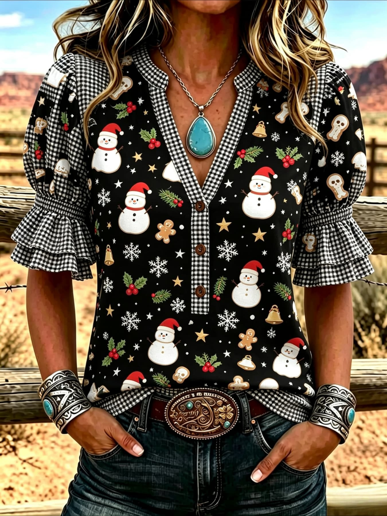 item picture   neck short sleeved shirt featuring snowman gingerbread man and snowflake design on a black plaid background with double layered   puff sleeve and loose fit