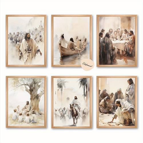 2d flat 2d flat unframed 6pcs set religious posters classic story wall decor journey and scenes posters watercolor wall painting for christians 8 x 10 inches