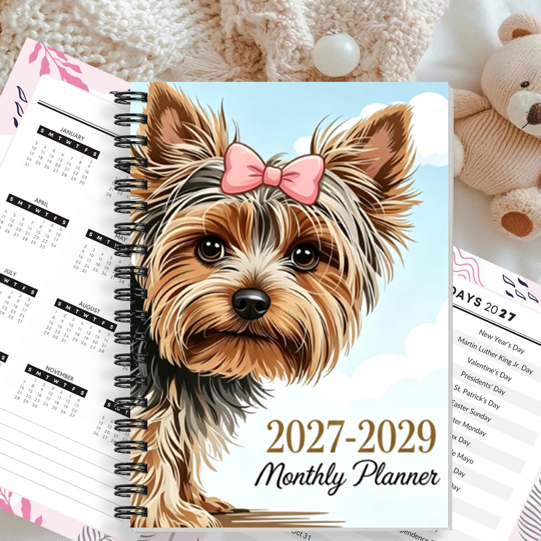 TEMU Agenda 2D Plat 1pc, 'Agenda de Planification Trois Ans 2027-2029, Format A5, Couverture Adorable de Yorkshire Terrier, Reliure Spirale Premium,