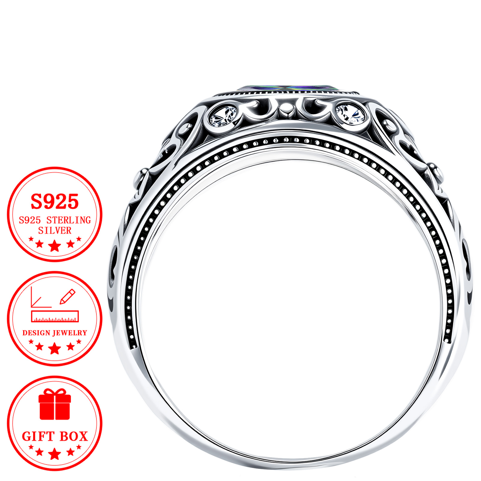 Men's S925 Silver Oval Iridescent Pattern Ring — Stylish Statement