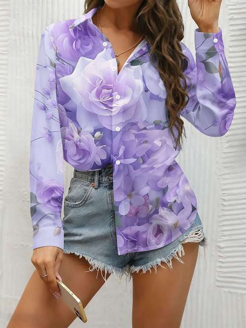 a new womens long sleeve shirt in light purple with soft clusters featuring a and delicate pattern its a versatile and casual top suitable for commuting machine washable and has a button print design