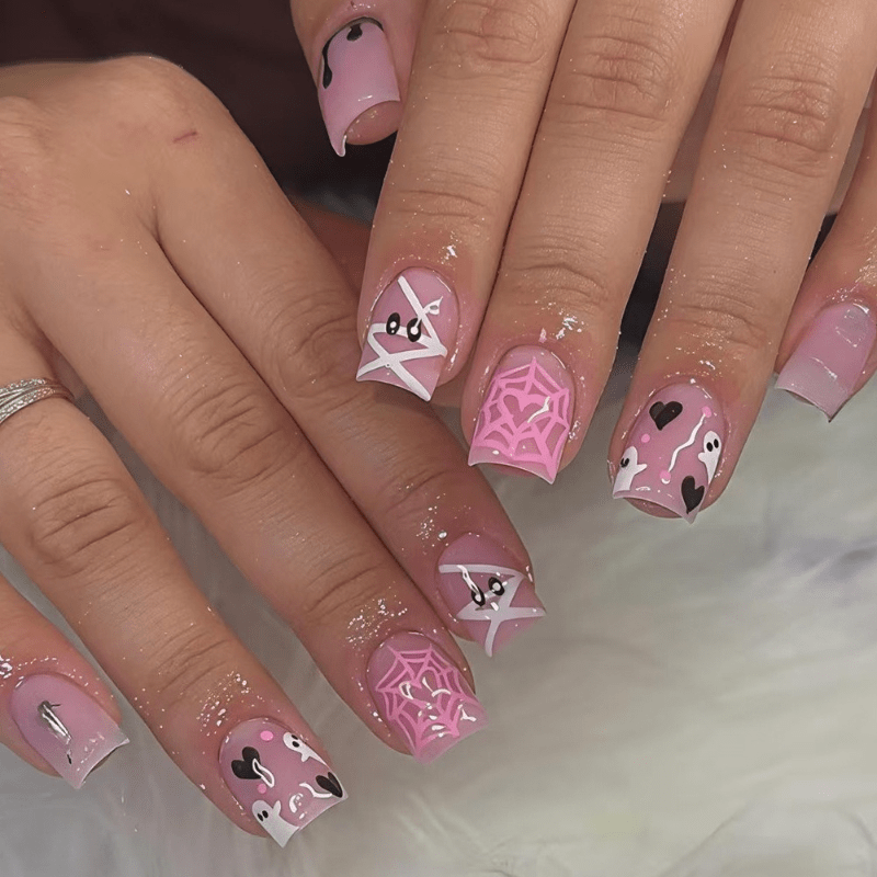TEMU 48pcs Press On Nails Suitable For Daily Wear & Halloween - Glossy Nude Pink Fake Nails With Spooky Cute , Web, Hearts, Stars & Black Drip Accent