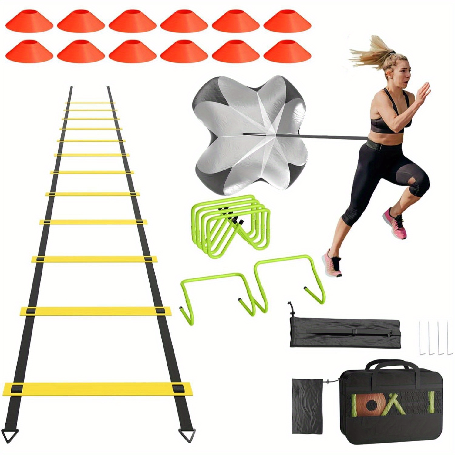 Soccer Training Kit Includes A 6-meter Coordination Ladder, 10 Cones, And 5 Resistance Bands, Designed For Enhancing Speed And Agility