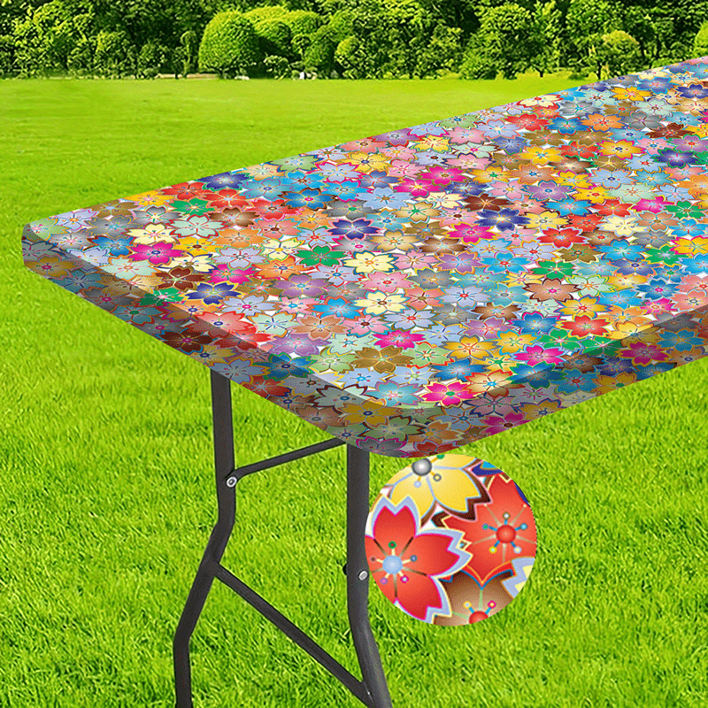 TEMU 1pc Washable Outdoor Tablecloth With Elastic Edges - Vibrant Polyester Table Cover For Camping, Picnics & Garden Parties, Rectangular Shape,