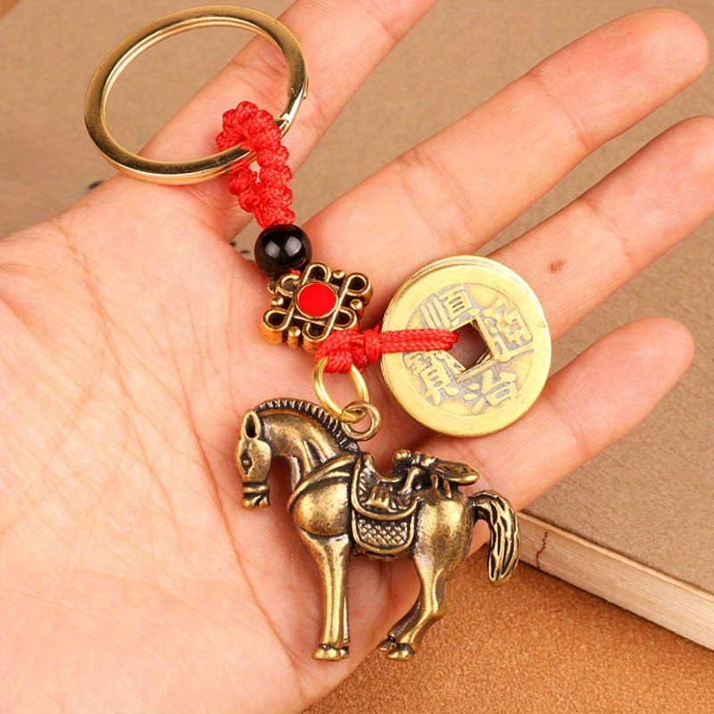 Retro Chinese Style Charm - Horse And Coin Design, Red And Golden Woven Rope Car Key Chain, Wealth And Amulet, Chinese Knot Pendant, Thanksgiving Father's Day Gift