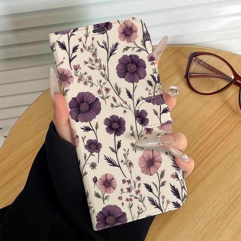 TEMU Phone Case - 2d Printed Purple Flowers Green Leaves Retro Pattern Flip Cover Phone Case For Iphone 17/16/15/14/13/12/11 Pro Max Full Coverage,