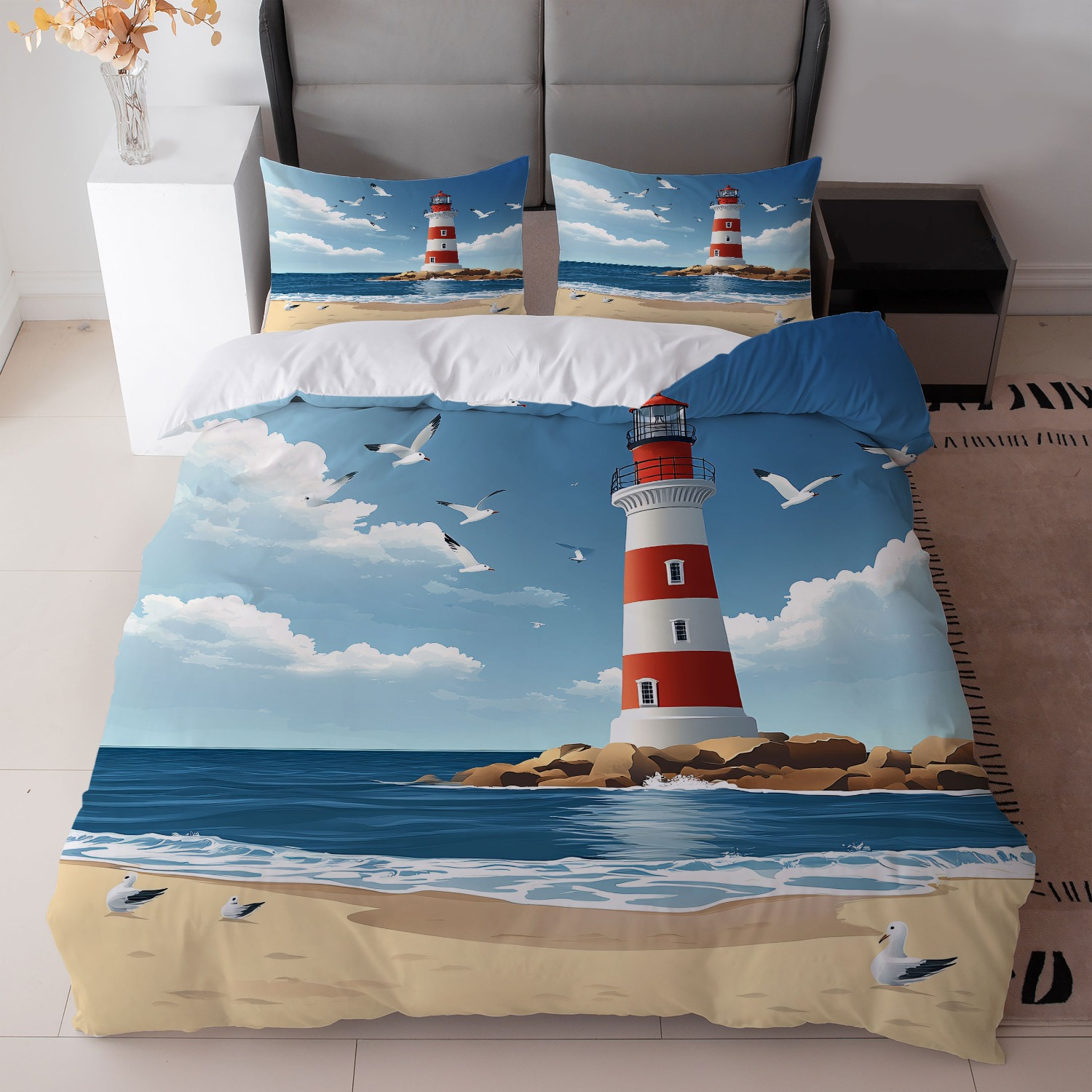 E-shop 3-teiliges Bettwäsche-Set mit Küsten--Design in Blau und Rot, inklusive Bettbezug und zwei Kissenbezüge (Füllung nicht enthalten) - Ideal für