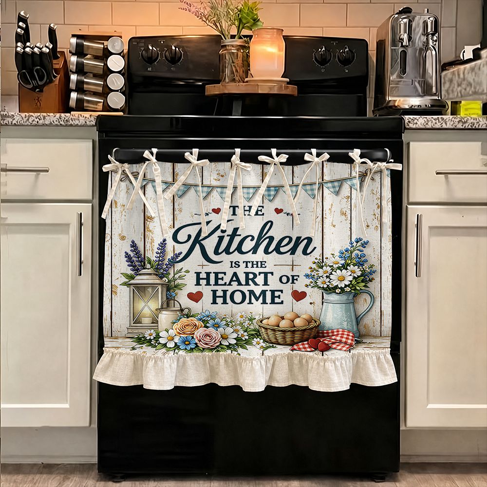 TEMU Imprimé floral 2D style ferme rustique « est le cœur de », jupe de cuisine rideau décoratif multifonctionnel, housse de four, pour lave-linge,