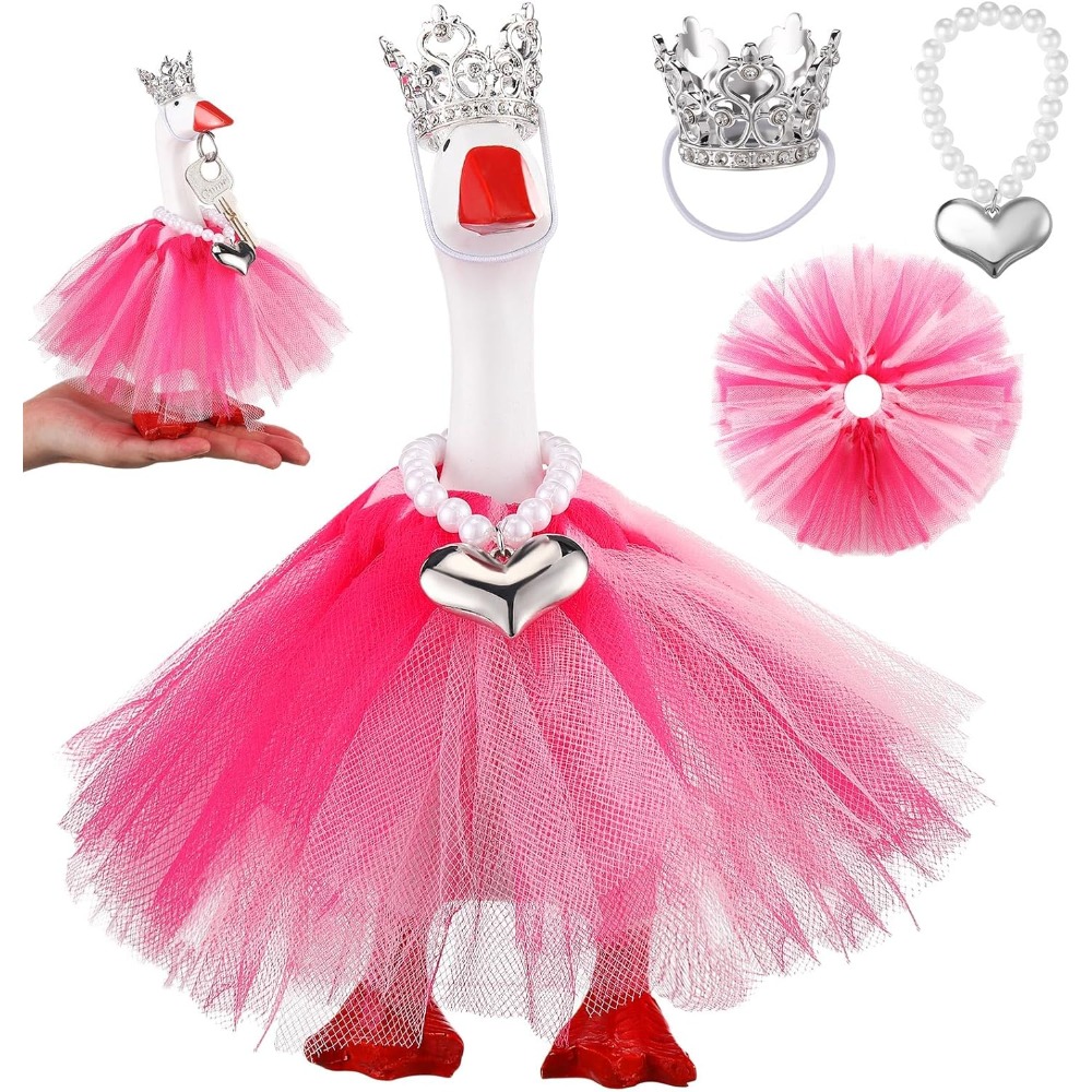 TEMU Figurines | Statuette miniature d'oie de Noël de 7 pouces pour bureau - Tenue avec couronne, collier et jupe de ballet, décoration amusante pour