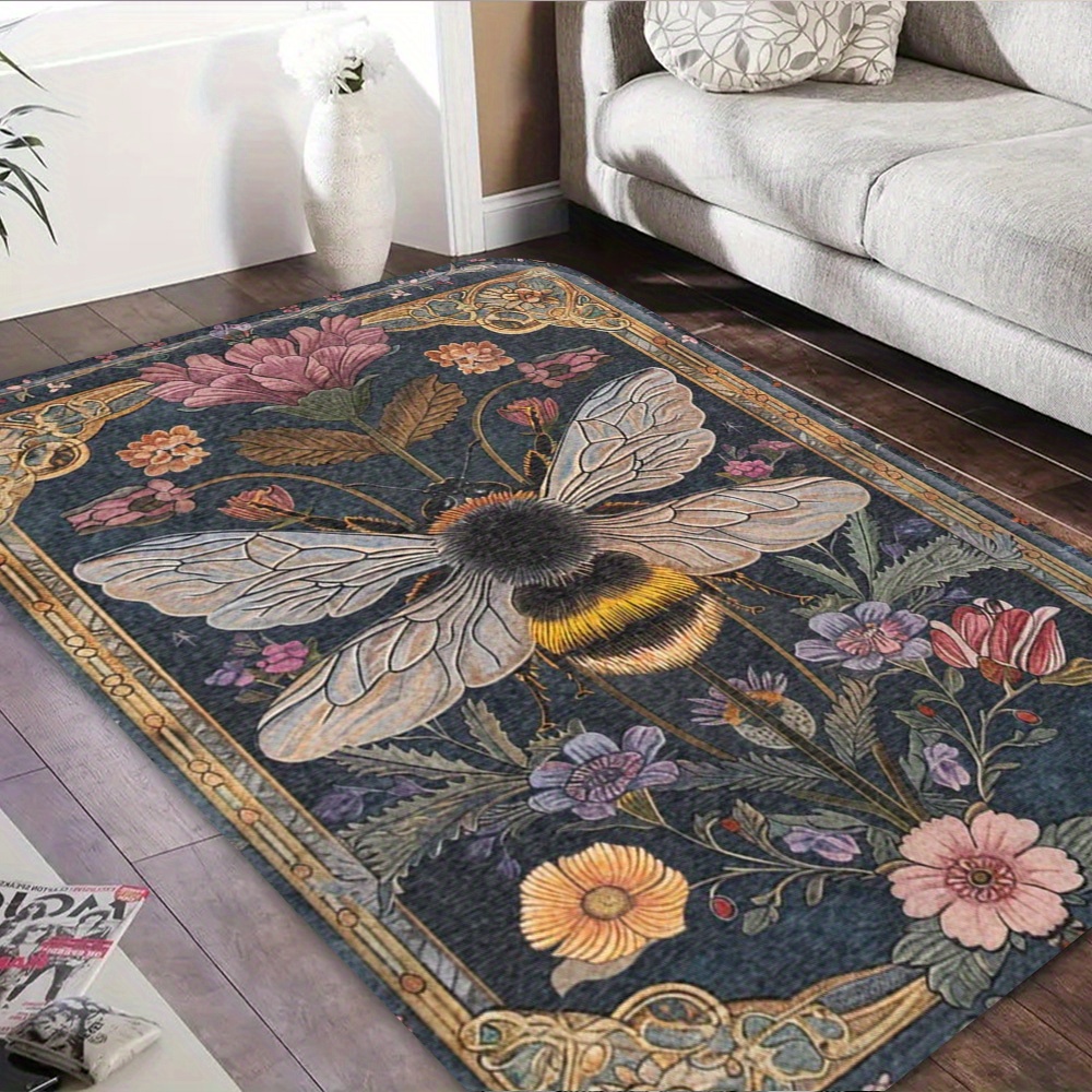 TEMU A Beautifully Designed Doormat Featuring Bees And Flowers, Made Of Thick, Non-slip Flannel That Absorbs Water. Suitable For Home Decoration At