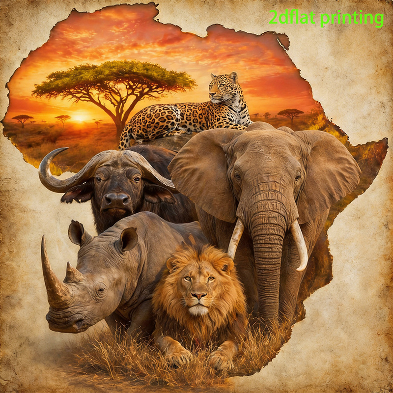 TEMU 1 stuks 2D Platte Print Dieren Thema: Afrikaanse Big Five en Zonsondergang , Frameloze Ronde Acryl Diamant Kunst Hand Schilder Kit, Mozaïek