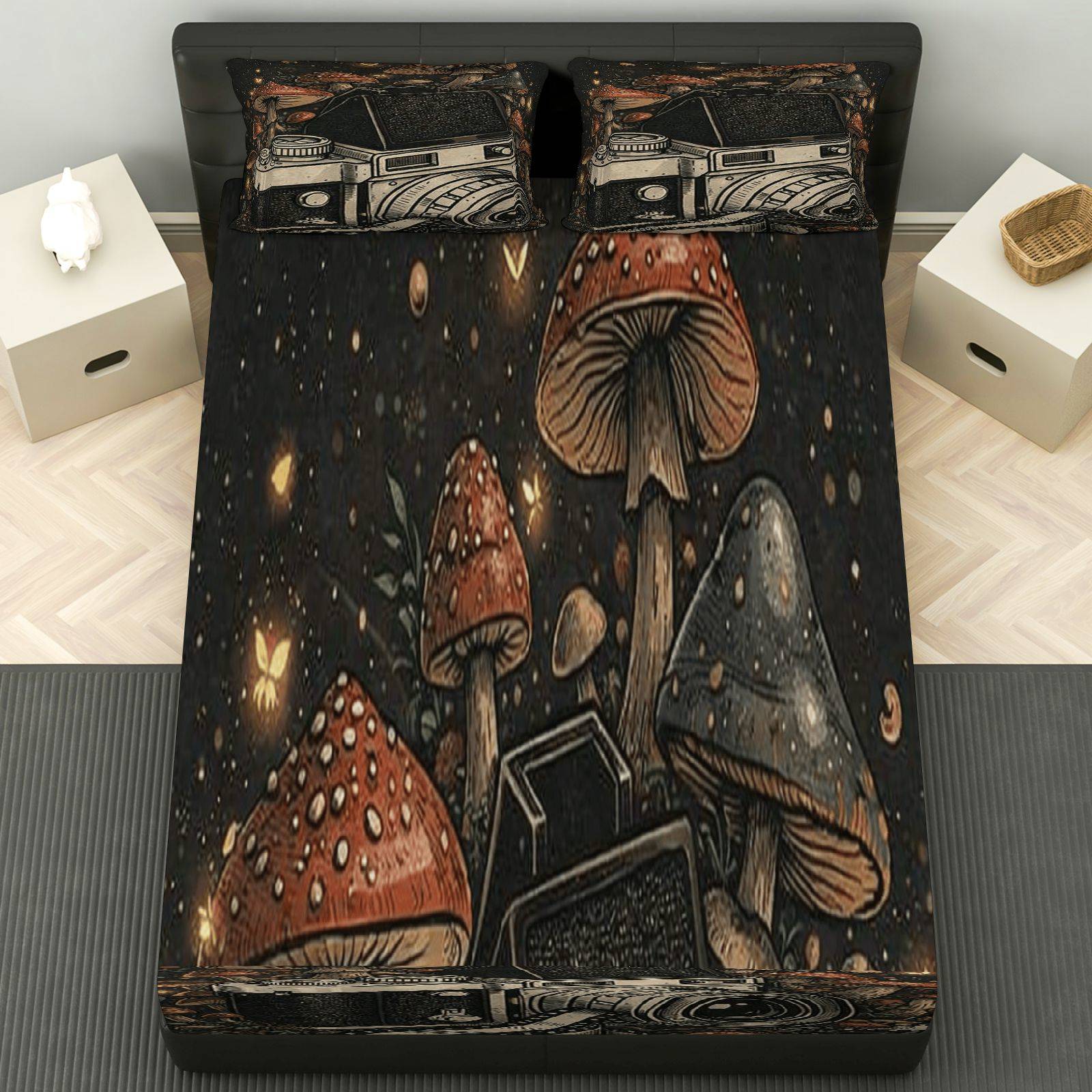 3pcs Mushroom Camera Nature Fitted Sheet 3pcs Set (1*Fitted Sheet + 2*Pillowcases,  ),  , Artistic Retro Photography Bedding, Mattress Protector Soft, Breathable