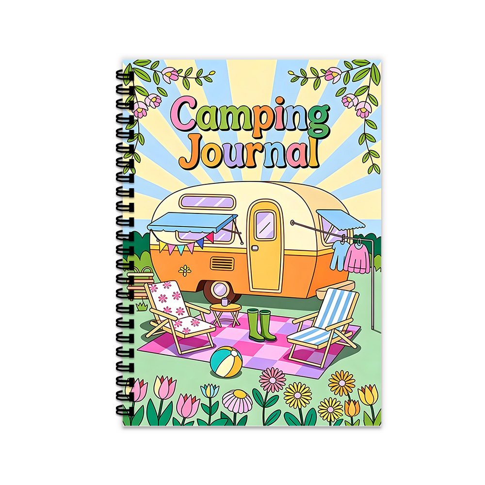 TEMU 1pc Pastel Groovy Journal Notebook With Spiral Binding - Compact Portable Camping Diary Suitable For Adults, Floral Picnic Cover, Outdoor