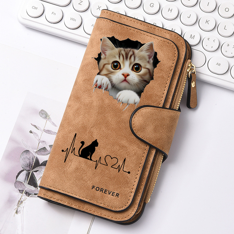 TEMU Portefeuille 2D Chat de Cœur pour Femmes, Grand Portefeuille Rétro Longue Capacité, Pochette à Fermeture Éclair Multi-Emplacements Cartes,
