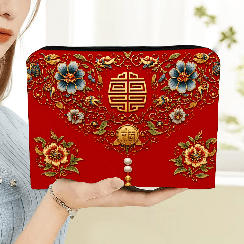 TEMU 1pc Chinese Zipper Pouch With Golden & Tassel - Red Floral Vine Cosmetic Bag Suitable For Travel, Wedding, Bridal Gift, Toiletry Case,