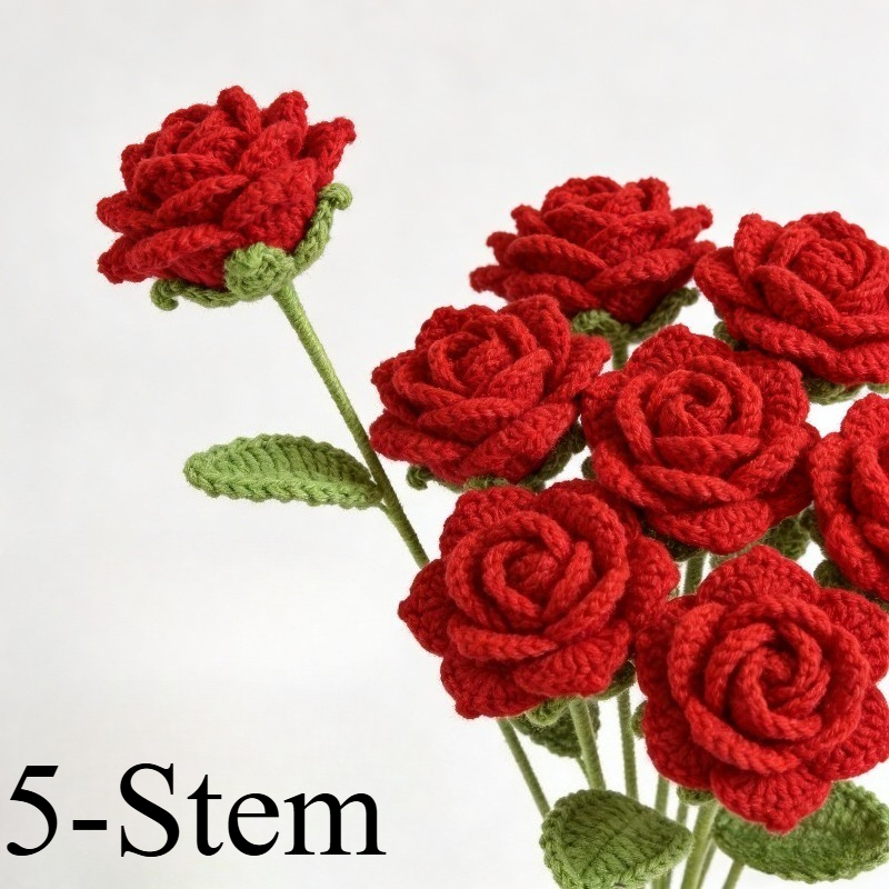 TEMU 5-stem Realistic Crocheted Red Rose Bouquet - Artificial Flowers, Perfect As A Gift For Valentine's Day Or Mother's Day, And Ideal For Use As A