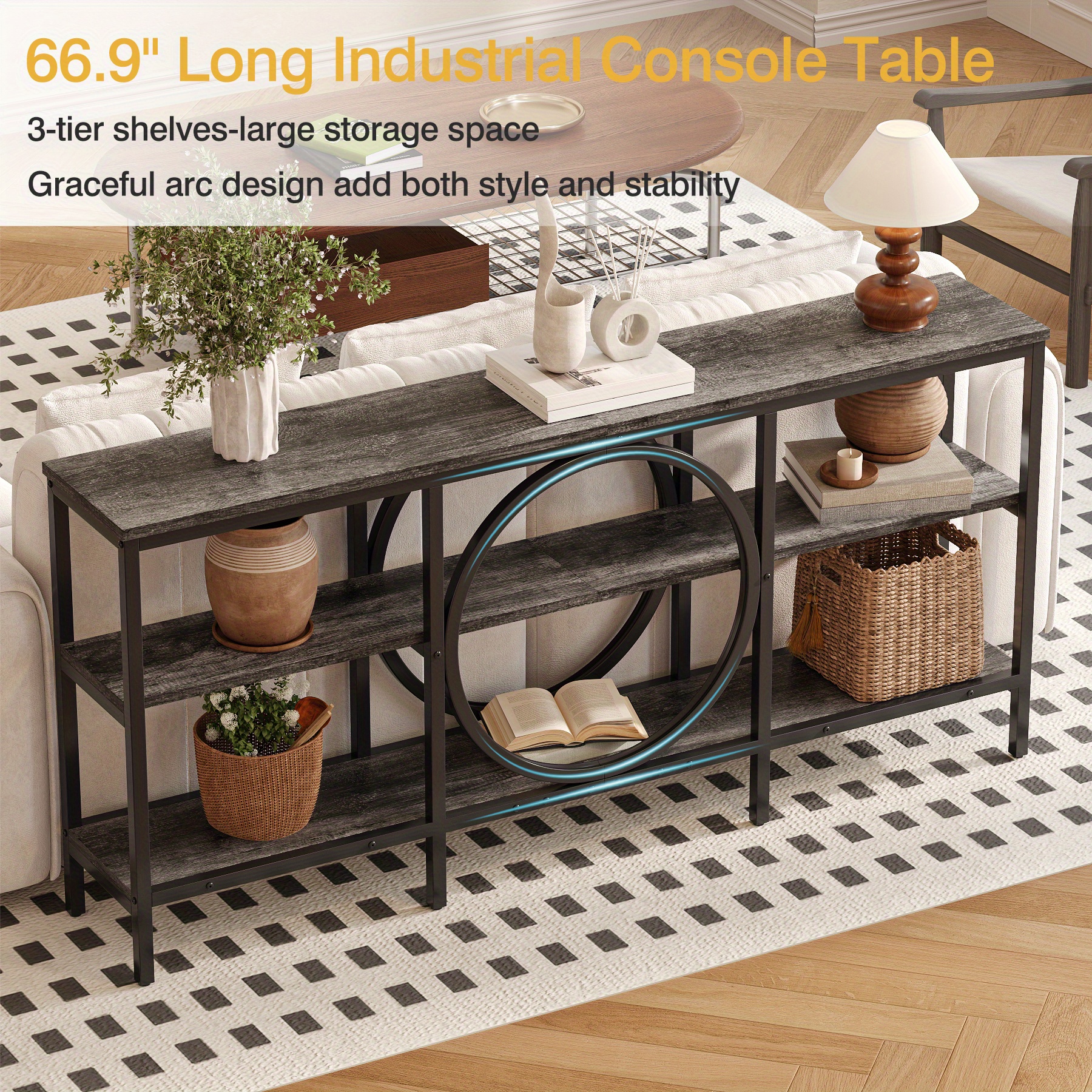Industrial Farmhouse Console Table - Extra Long 66.9 Inch Narrow Sofa Table with 3-Tier Reclaimed Wood Shelves & Sturdy Metal Frame, Space-Saving Storage Cabinet for Entryway, Hallway, Living Room - Easy Assembly, 50lb/Shelf Capacity, Entryway Organizer | Industrial Chic | Elevated Metal Legs