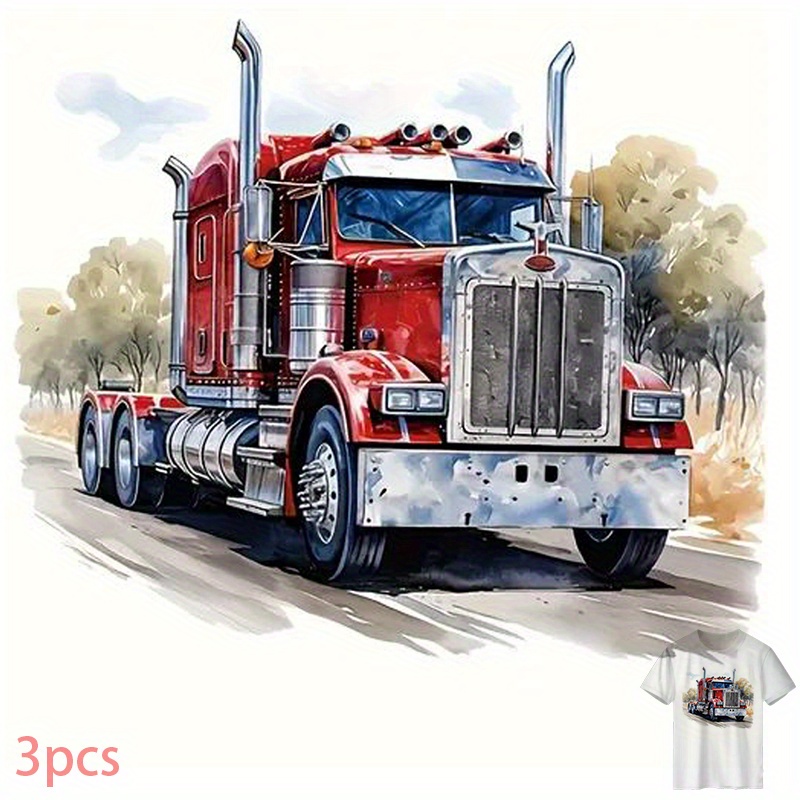 E-shop 3 Stück Hochauflösende Kleidungsdruck, Roter LKW-Design – T-Shirt-Bedruckung, Bügelbild, Abziehbar, Geeignet für Rucksäcke, Kissen, Hosen,