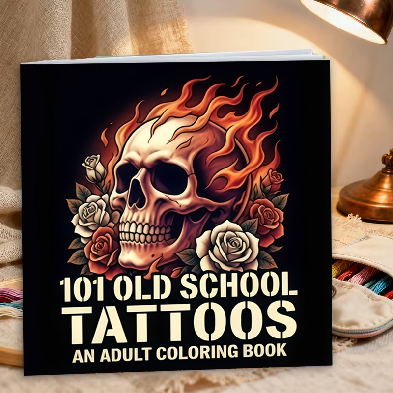 TEMU 1pc Traditional Tattoo Theme Coloring Book, 24 Pages Single-sided Printing, 7.87 X 7.87 Inches, Suitable For Halloween, Thanksgiving, Birthday,